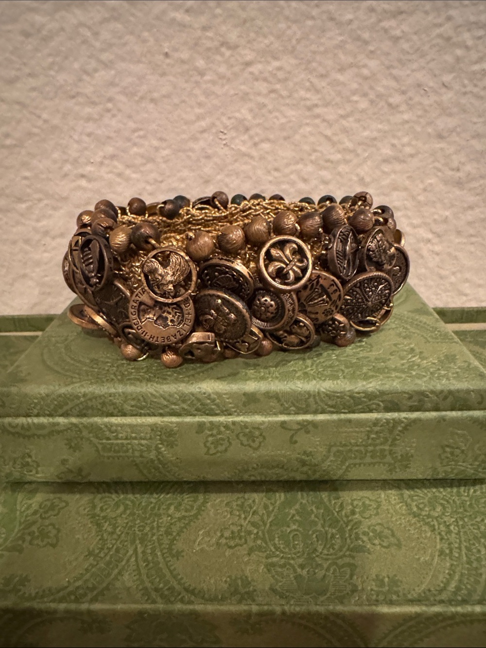 Vintage 1960s Merribell Brass Button Storybook Stretch Cuff Bracelet